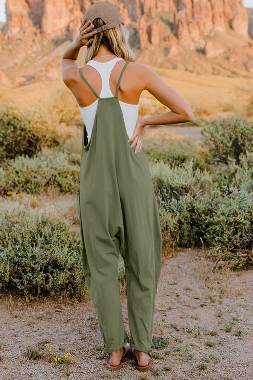 Double Take Full Size V-Neck Sleeveless Jumpsuit with Pockets-Soul Flow Apparel