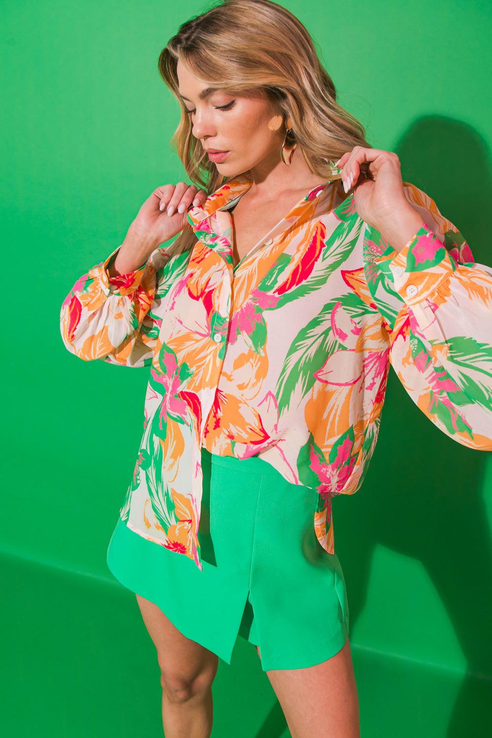 Born To Sparkle Woven Top Shirt Collar Button Down Peasant Sleeves