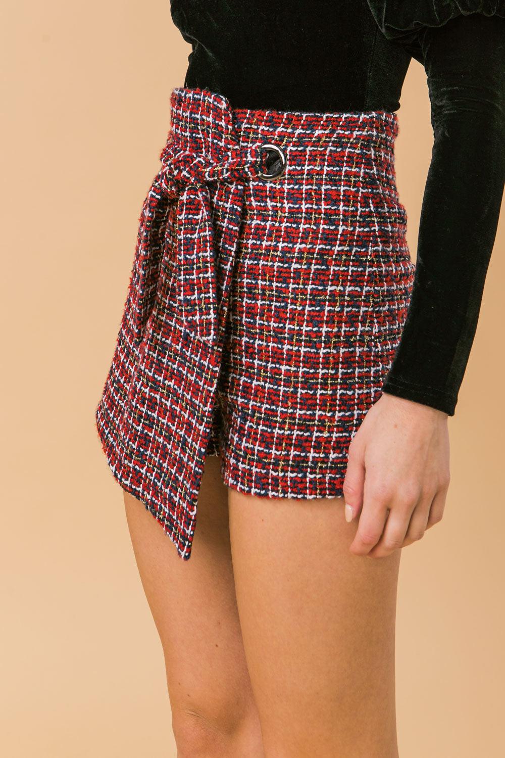 Wonderful Weather Tweed Skort High Waist With Grommet Tie Detail
