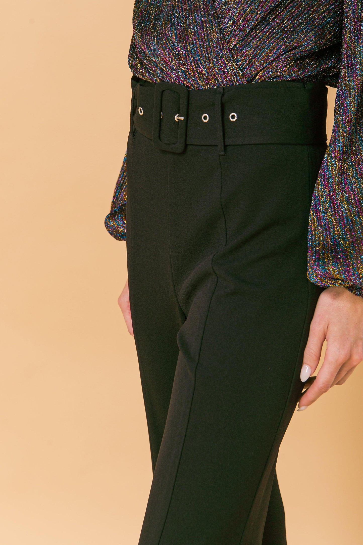Countdown The Hours Woven Bell Bottom Flared Pants With Self Belt And Pockets