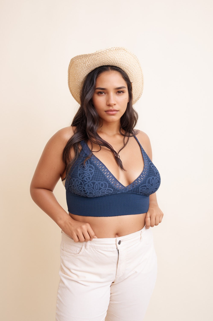 Plus size lace brami in navy with floral design and adjustable straps for comfort