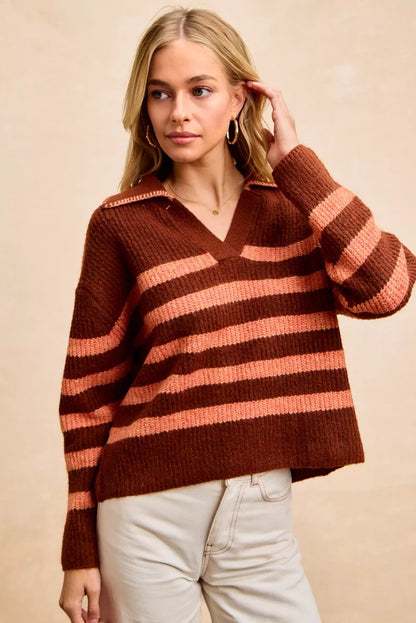 Stylish striped sweater top for women in brown and pink hues with a v-neck design