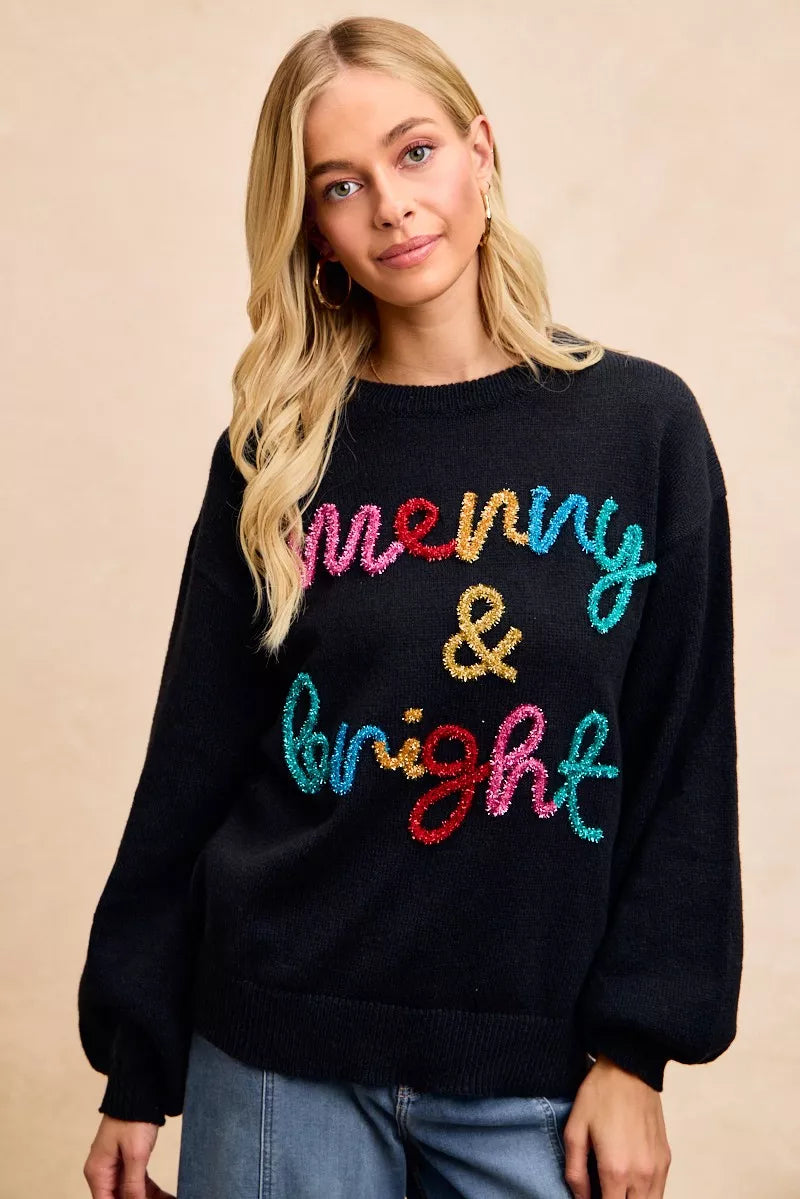 Trendsi tinsel lettering Christmas sweater featuring colorful lettering for a festive look