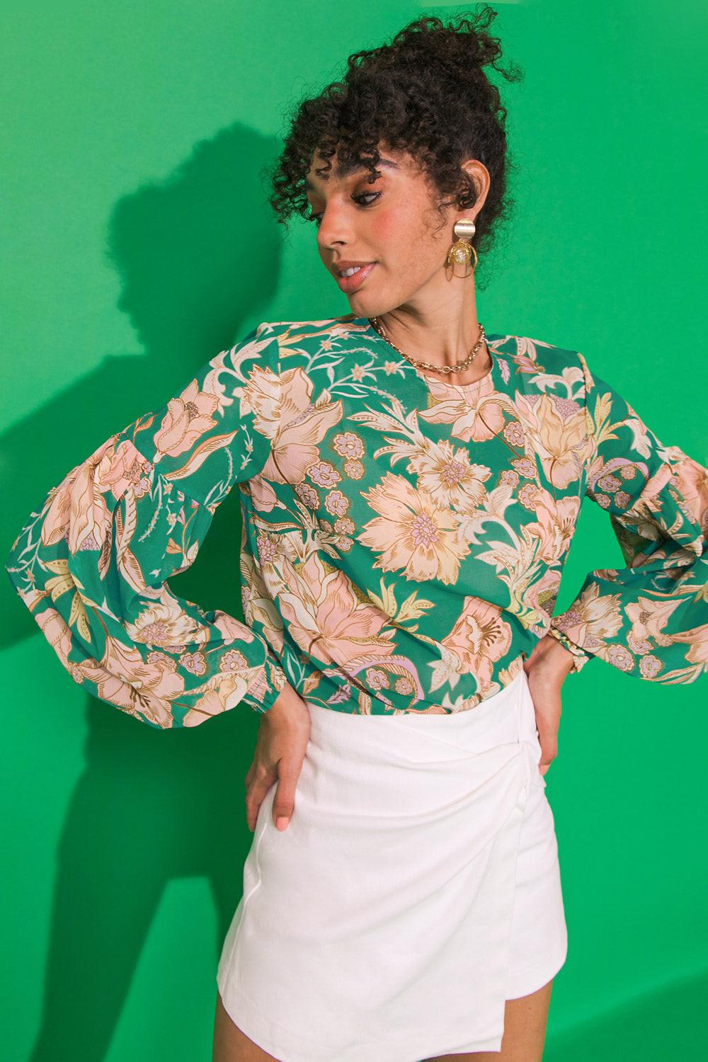 Daybreak Skyline Woven Top Round Neck Shirred Sleeves Back Keyhole Closure