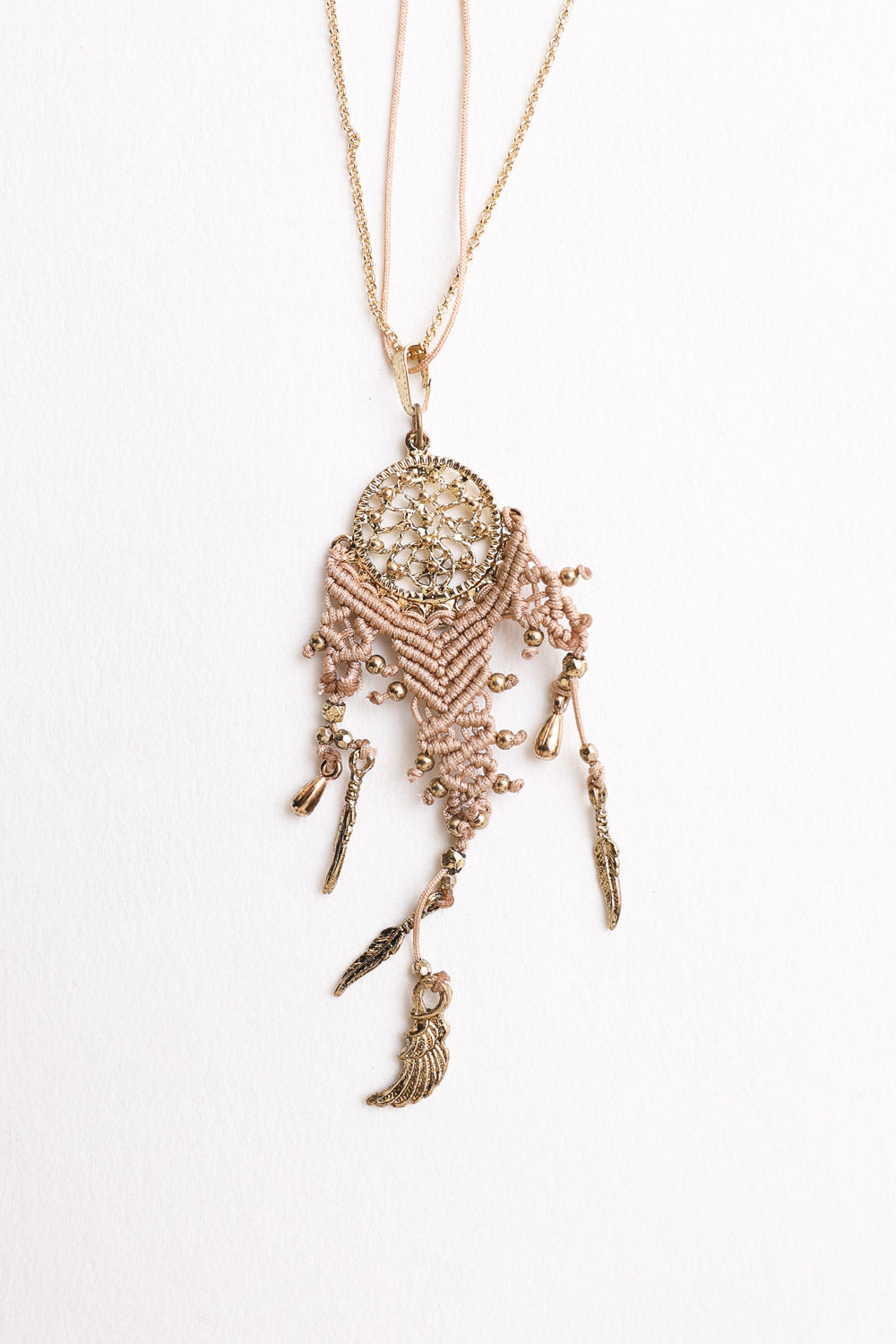 Leto Collection Boho Necklace, Boho Chic Jewelry, Spiritual gold dreamcatcher pendant with feather charms