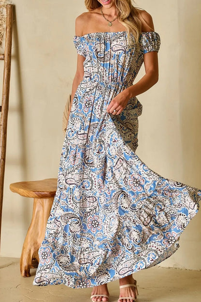Boho Paisley Print Off Shoulder Maxi Dress-Soul Flow Apparel