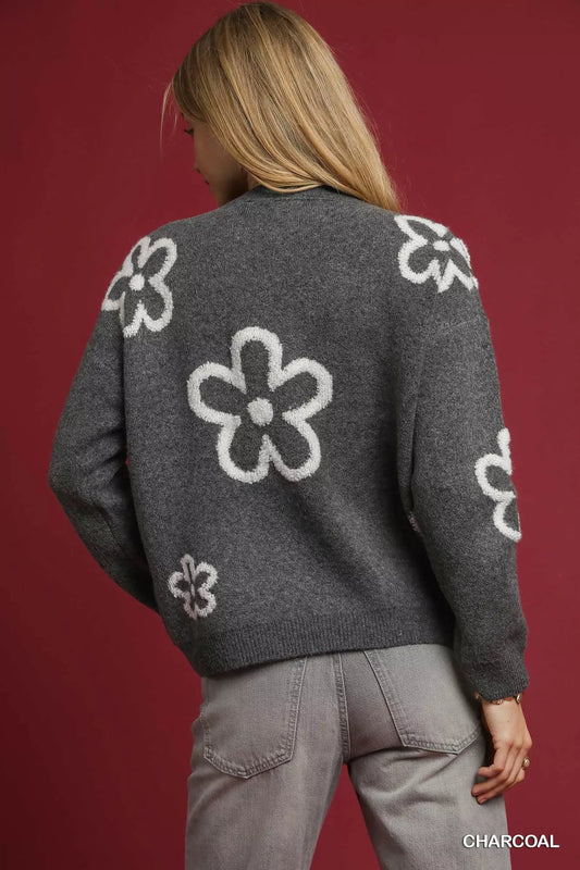 Charcoal boho floral sweater for women with white flower patterns on the back and stylish fit