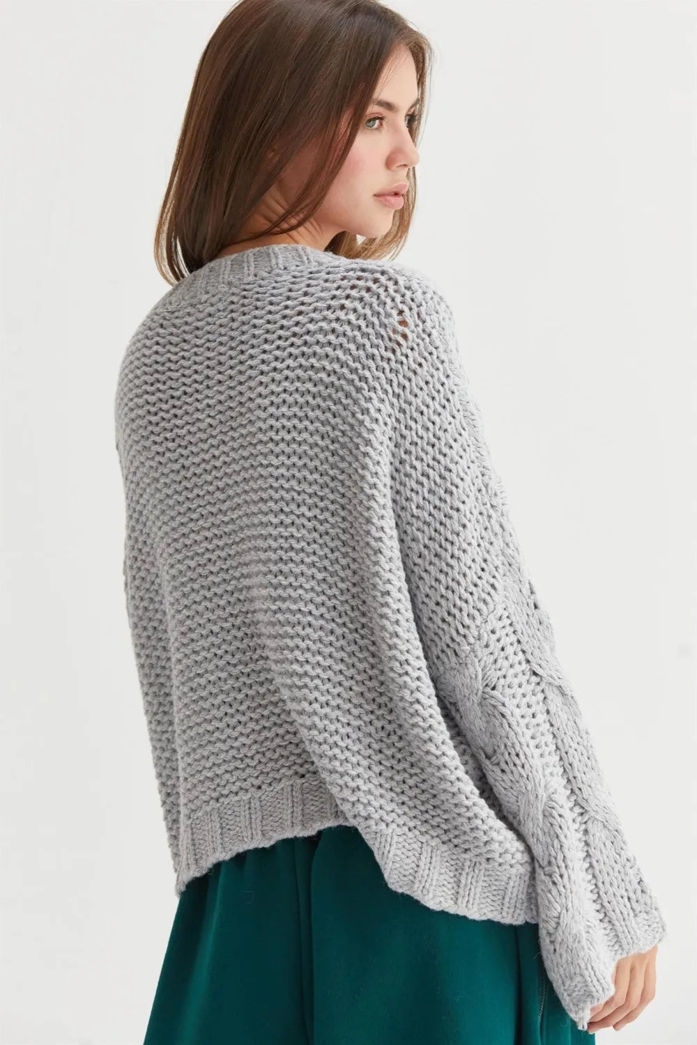 Gray boho cable knit v-neck sweater with loose fit and textured design, perfect for layering