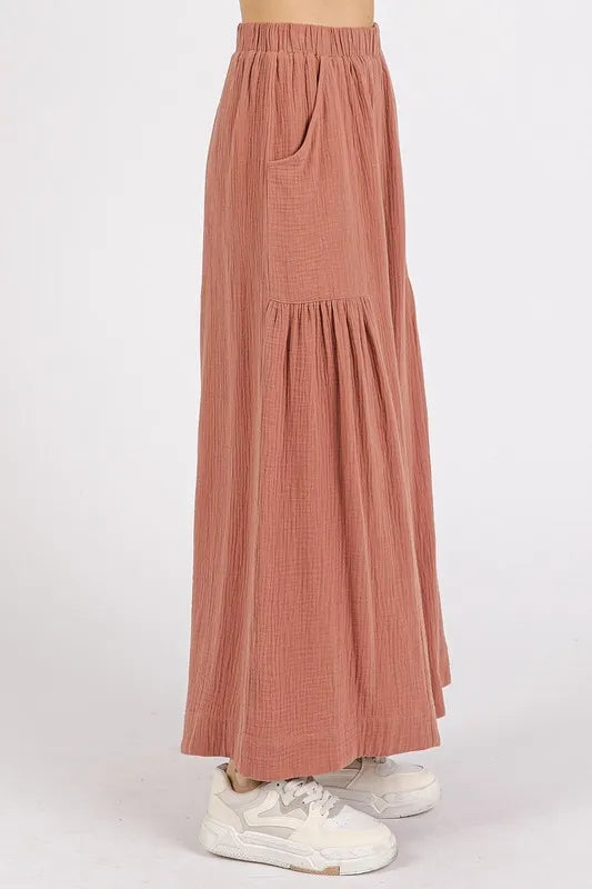 Gauze Elastic Waist Pleated Wide Leg Pants-Soul Flow Apparel