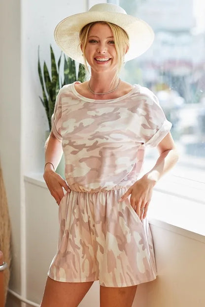 Trendsi camo print romper for women in soft pastel colors with a relaxed fit and elastic waistband