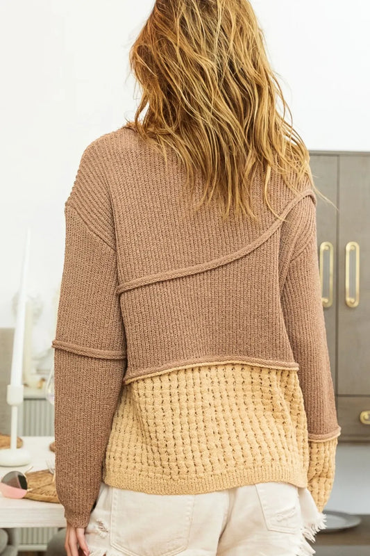 Trendsi Boho drop shoulder sweater in brown and beige, featuring a unique textured design and relaxed fit