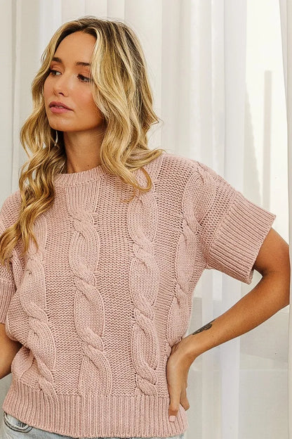 Trendsi cable knit sweater top in soft pink with short sleeves and textured pattern
