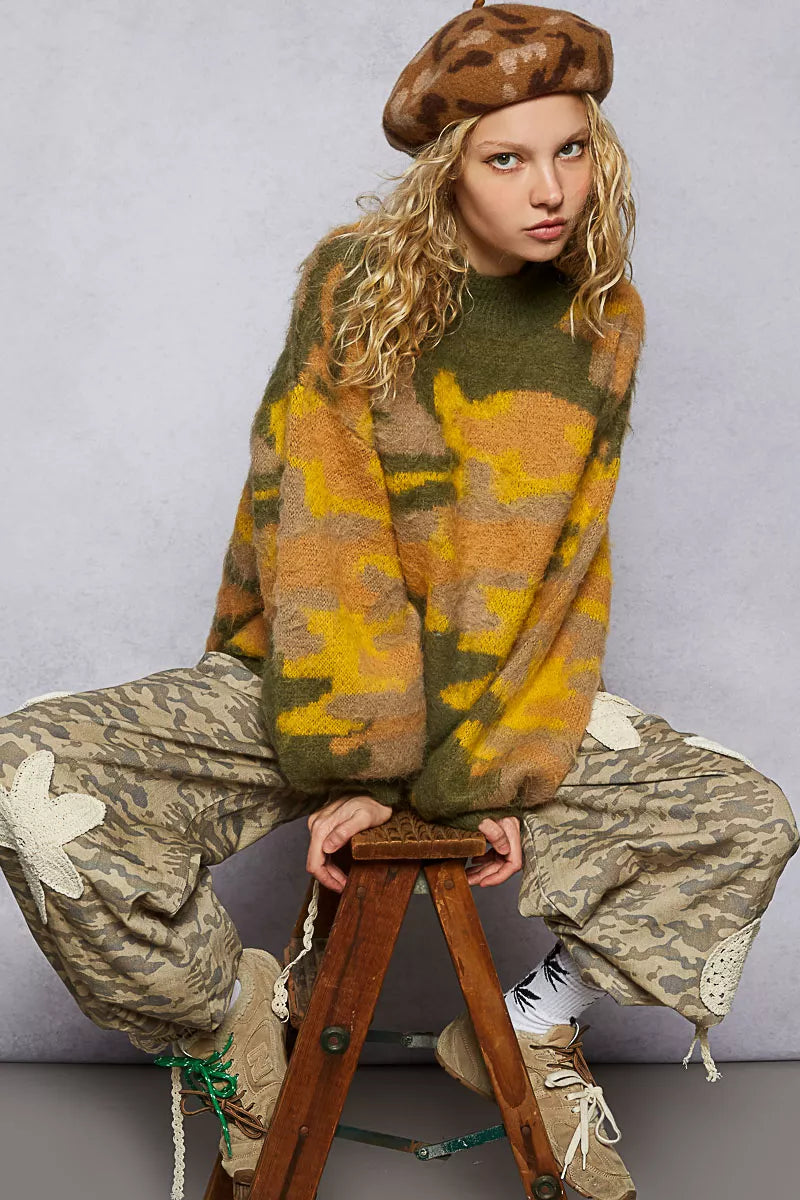Trendsi abstract colorblock sweater women featuring a fuzzy design in green, yellow, and orange shades