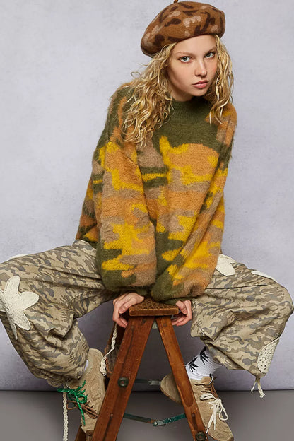 Trendsi abstract colorblock sweater women featuring a fuzzy design in green, yellow, and orange shades