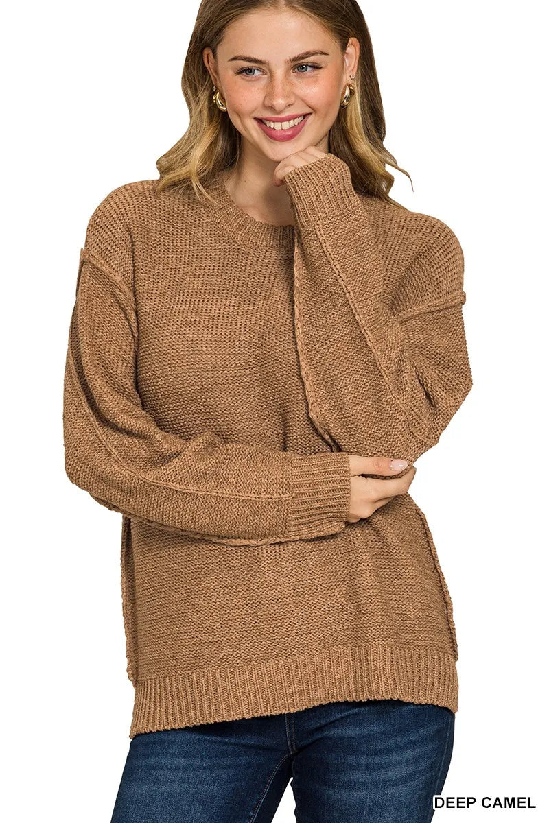 Trendsi boho round neck sweater in deep camel color, featuring a relaxed fit and side slits