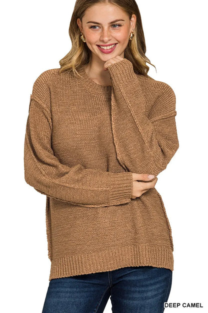 Trendsi boho round neck sweater in deep camel color, featuring a relaxed fit and side slits