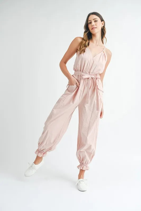 MABLE Washed Fabric Spaghetti Strap Waist Belted Jumpsuit-Soul Flow Apparel