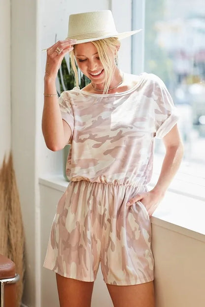 Trendsi camo print romper for women featuring a relaxed fit and elastic waistband, perfect for casual outings.
