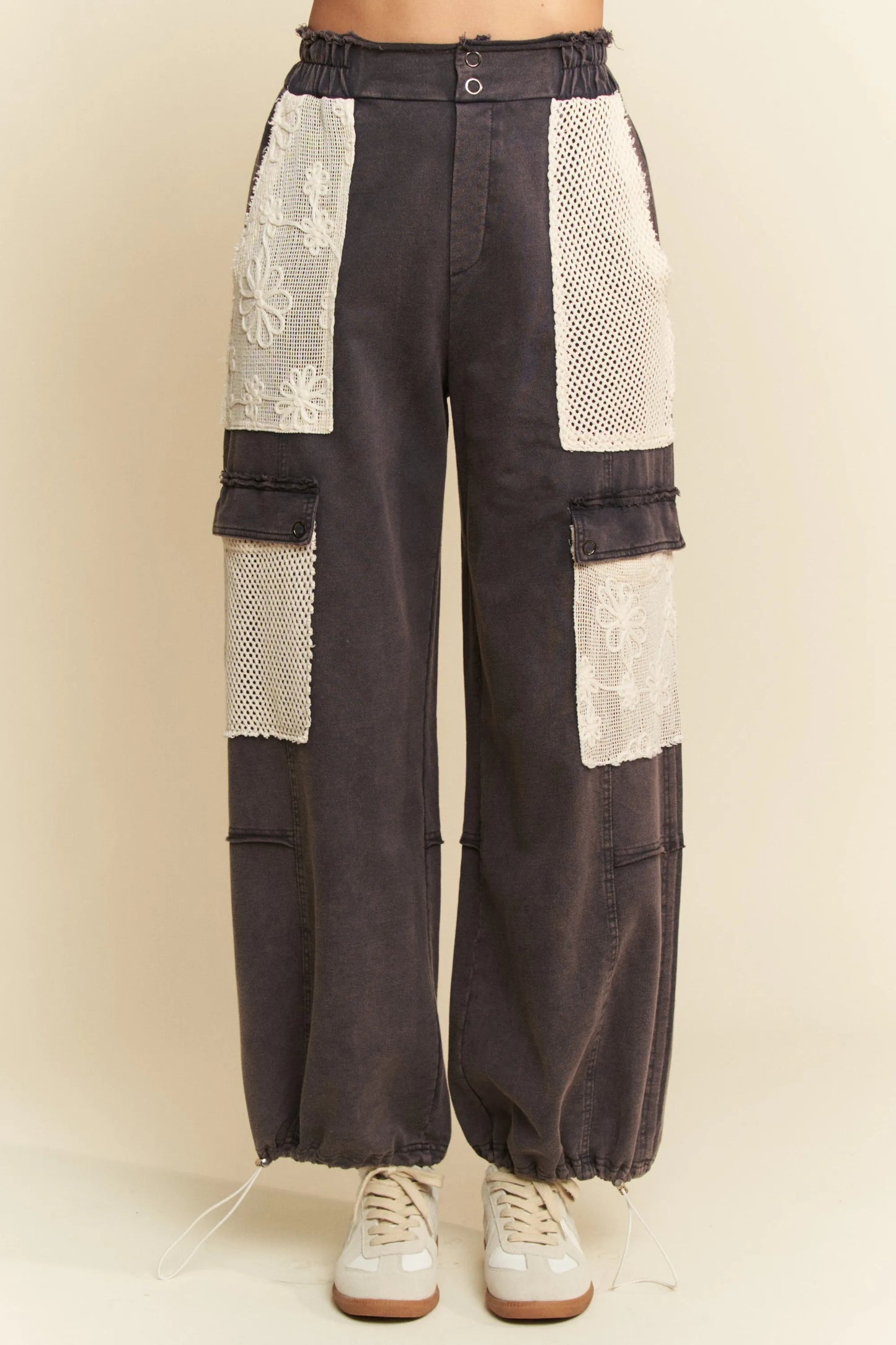 Davi & Dani Lace Patchwork Bottom Opening Adjustable Pants-Soul Flow Apparel
