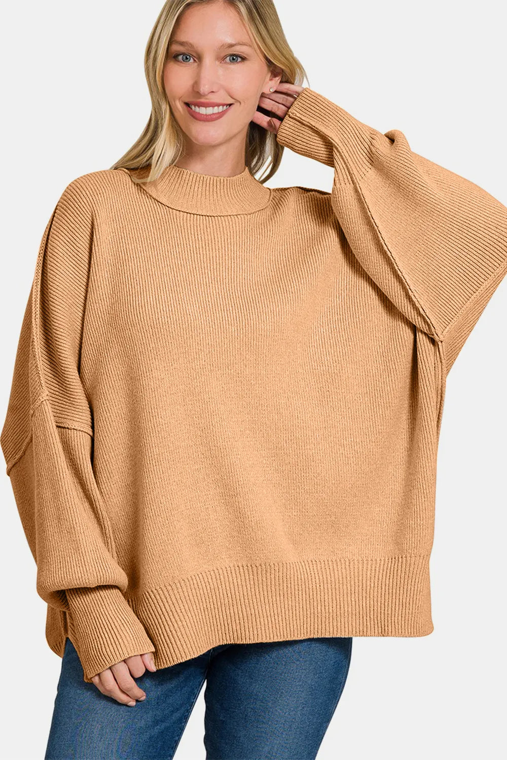 Trendsi oversized boho sweater for women in camel color with relaxed fit and ribbed neckline