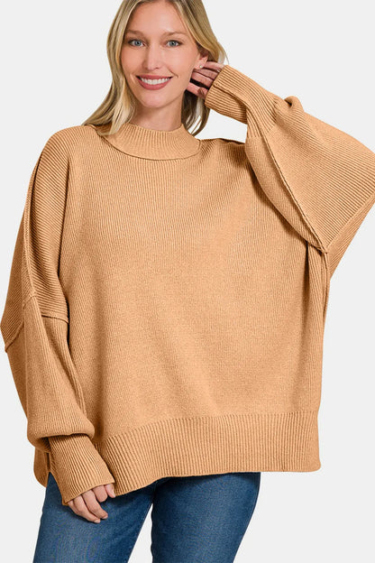 Trendsi oversized boho sweater for women in camel color with relaxed fit and ribbed neckline