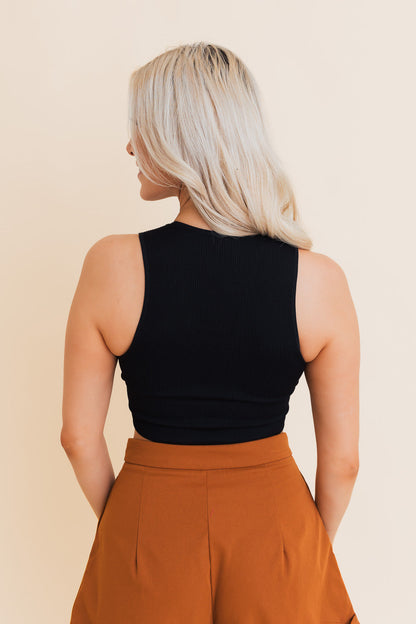 Leto Collection Boho Ribbed Crop Top in black with a fitted design and stylish back view