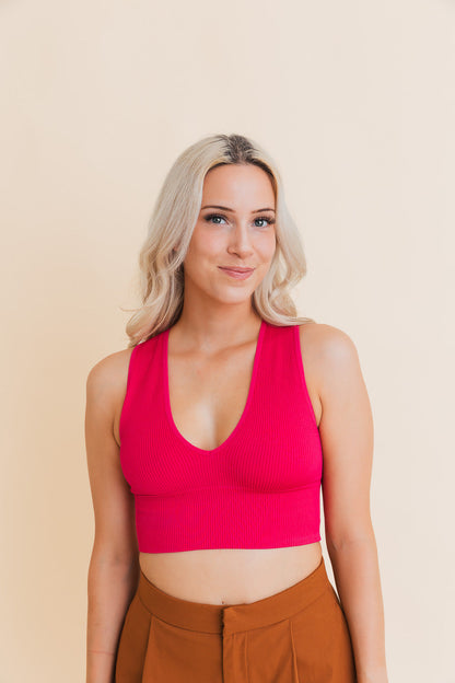 Leto Collection Boho Ribbed Crop Top in Bright Pink with a V-Neck Design for Trendy Outfits