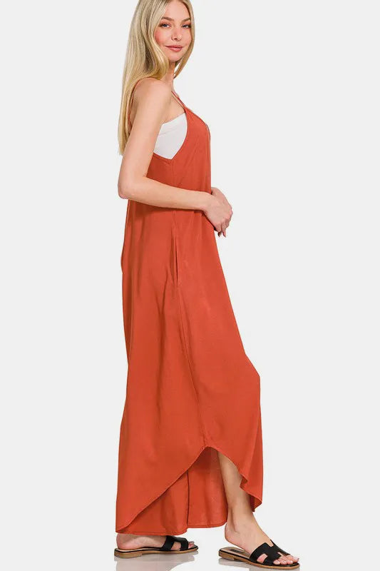 Zenana Spaghetti Strap Wide Leg Overalls with Pockets-Soul Flow Apparel