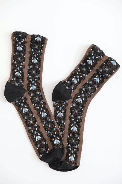 Leto Collection boho embroidered flower socks in brown with vibrant floral pattern and black accents