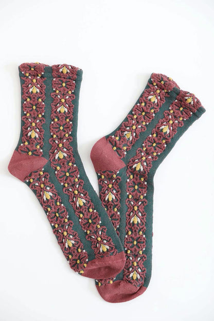 Boho embroidered flower socks in green and maroon with intricate floral design from Leto Collection