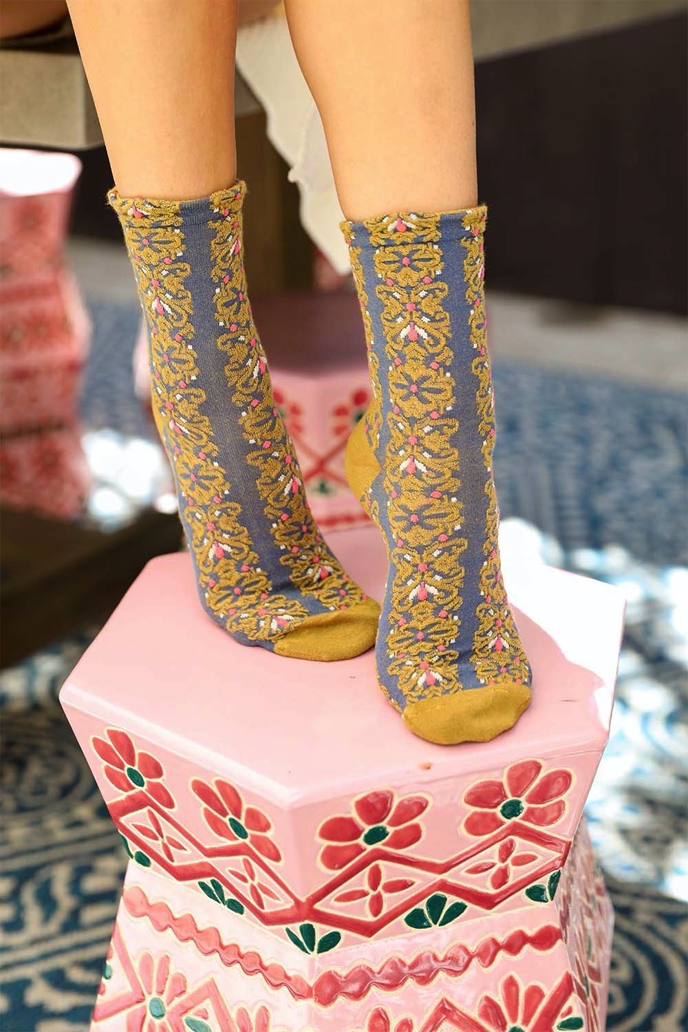 Leto Collection boho embroidered flower socks in blue and yellow with intricate floral designs