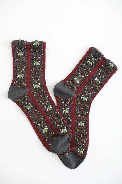 Leto Collection boho embroidered flower socks in burgundy with floral patterns and gray accents