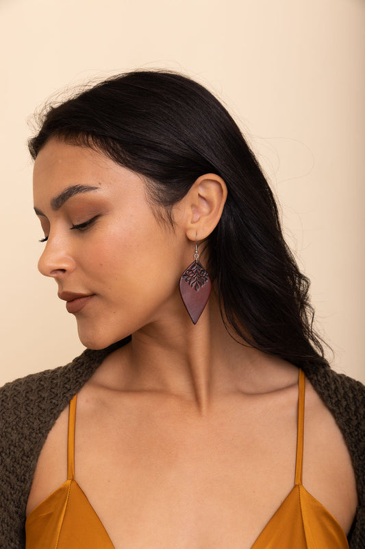 Engraved Leaf Leather Earrings-Soul Flow Apparel