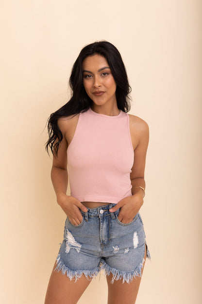 Leto Collection Pink Boho Racerback Brami Styled with Denim Shorts for a Trendy Look