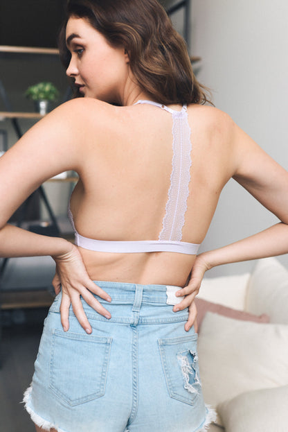 Leto Collection eyelet lace bralette in soft lavender with lace detailing and a back design