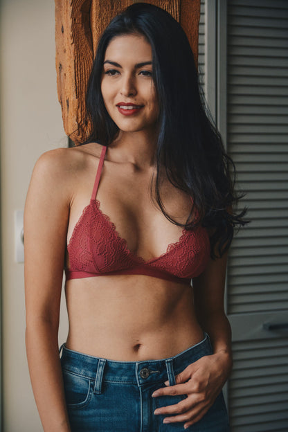 Leto Collection eyelet lace bralette in burgundy with adjustable straps and floral design