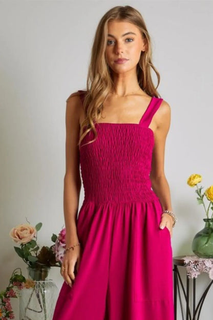 Trendsi Boho Wide Leg Jumpsuit in Fuchsia with Smocked Bodice and Sleeveless Design