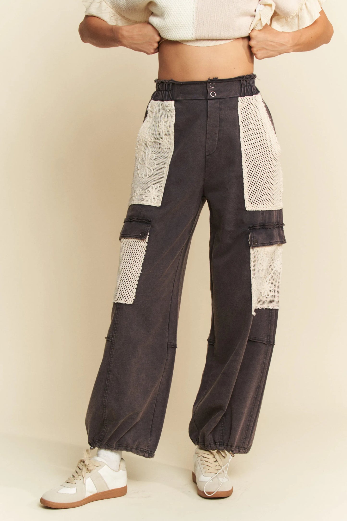 Davi & Dani Lace Patchwork Bottom Opening Adjustable Pants-Soul Flow Apparel