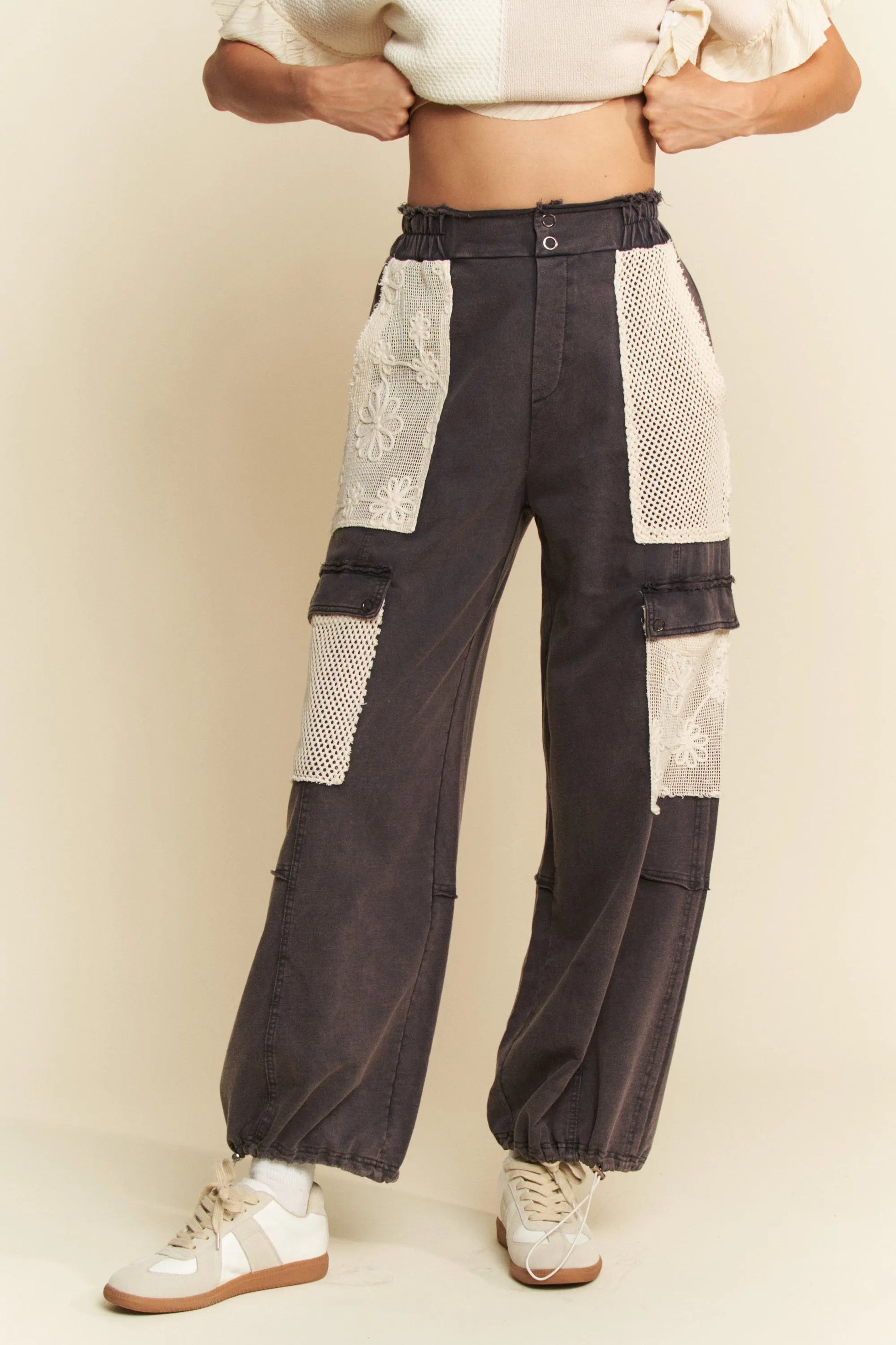 Davi & Dani Lace Patchwork Bottom Opening Adjustable Pants-Soul Flow Apparel