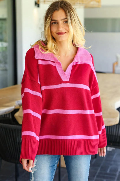Collared striped boho sweater in red and pink with a relaxed fit for casual styling