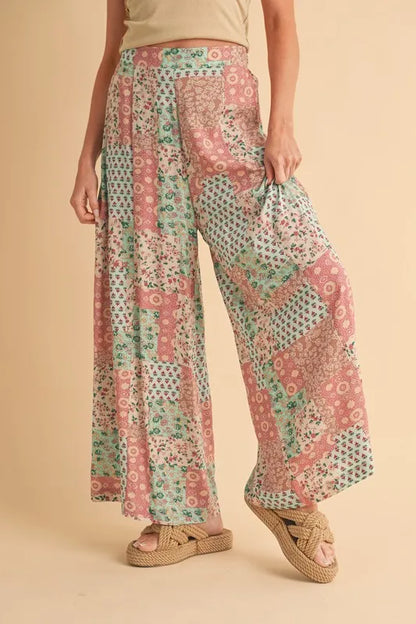Trendy boho wide leg pants in floral patchwork design perfect for casual spring outfits