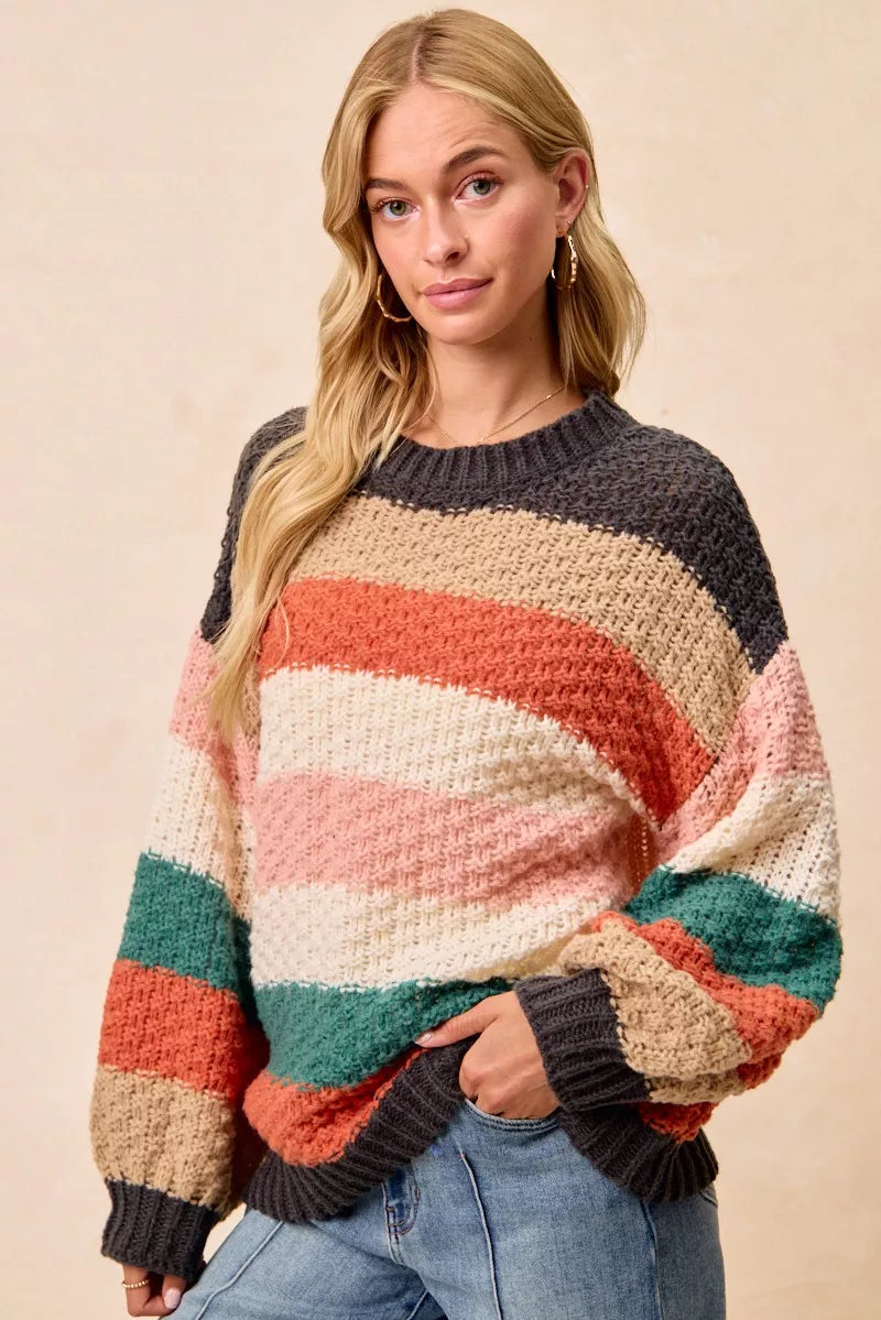 Trendsi boho color block sweater featuring a warm, striped design with mixed colors and a relaxed fit