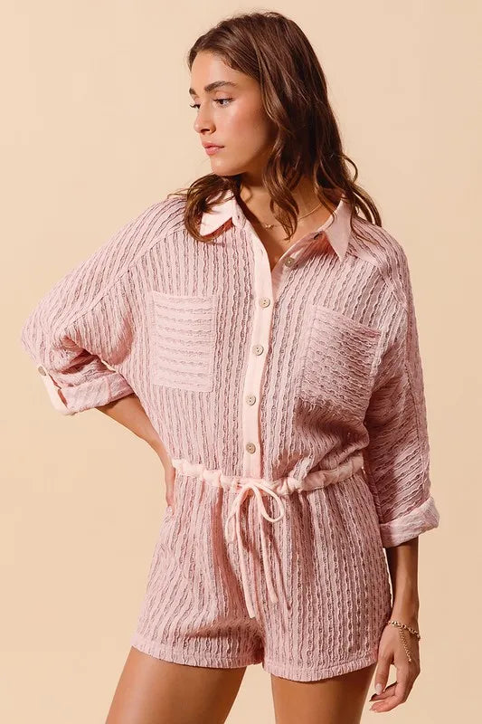SO ME Textured Knit Button Front Romper-Soul Flow Apparel