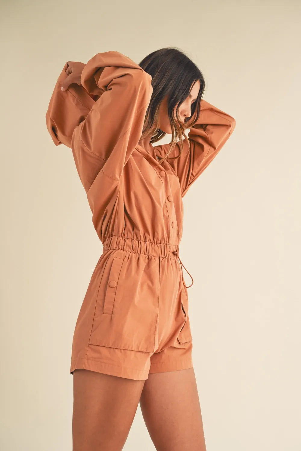 Mable Snap Down Long Sleeve Hooded Romper-Soul Flow Apparel