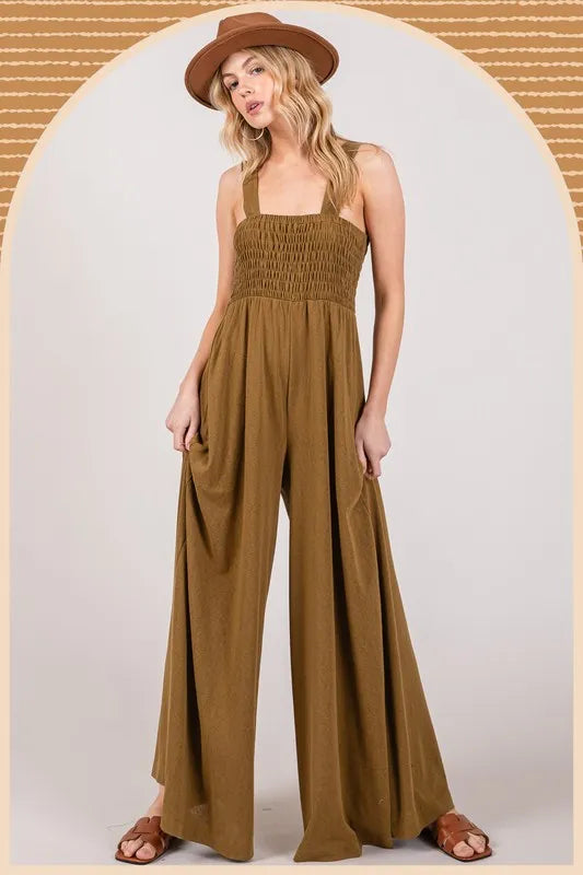 SAGE+FIG Smocked Flowy Wide Leg Jumpsuit-Soul Flow Apparel