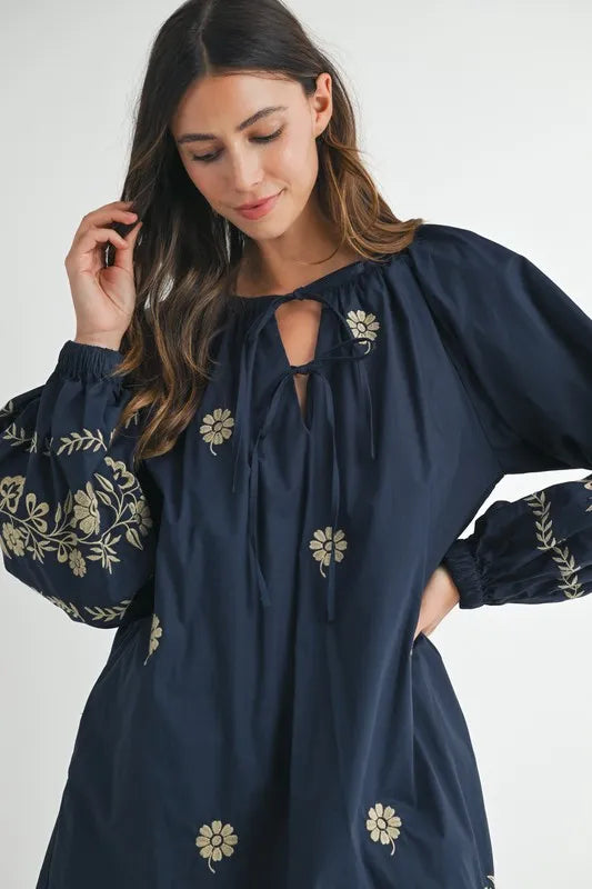 MABLE Embroidered Long Sleeve Peasant Mini Dress-Soul Flow Apparel