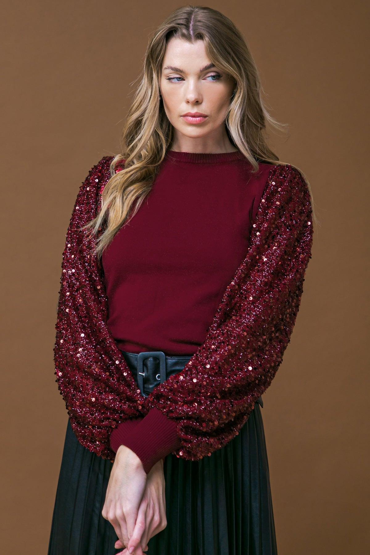 Feeling The Fun Sequin Puff Sleeve Knit Sweater Top