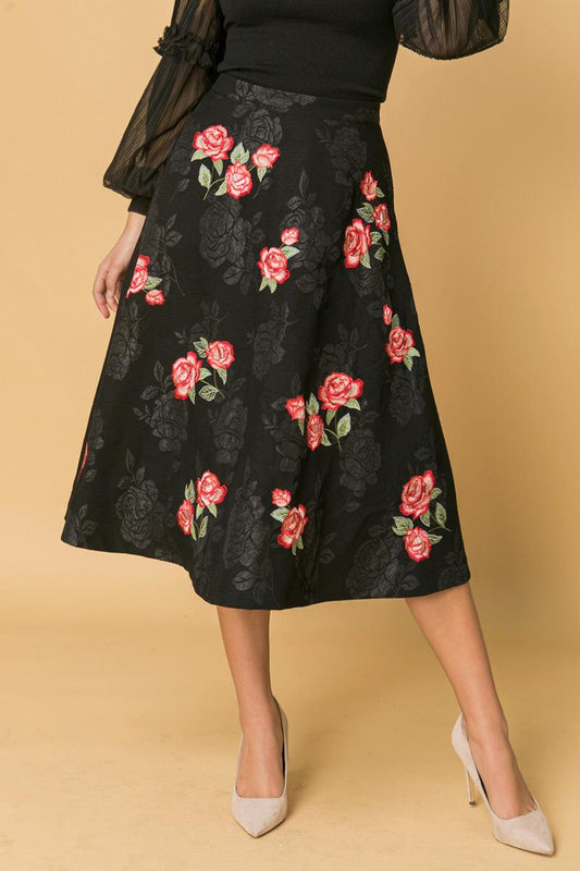 Rose Embroidery Midi Skirt Polyester With Black Rose Brocade Detail