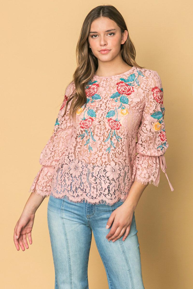 Embroidered Lace Top With Floral Embroidery For Elegant Silhouette