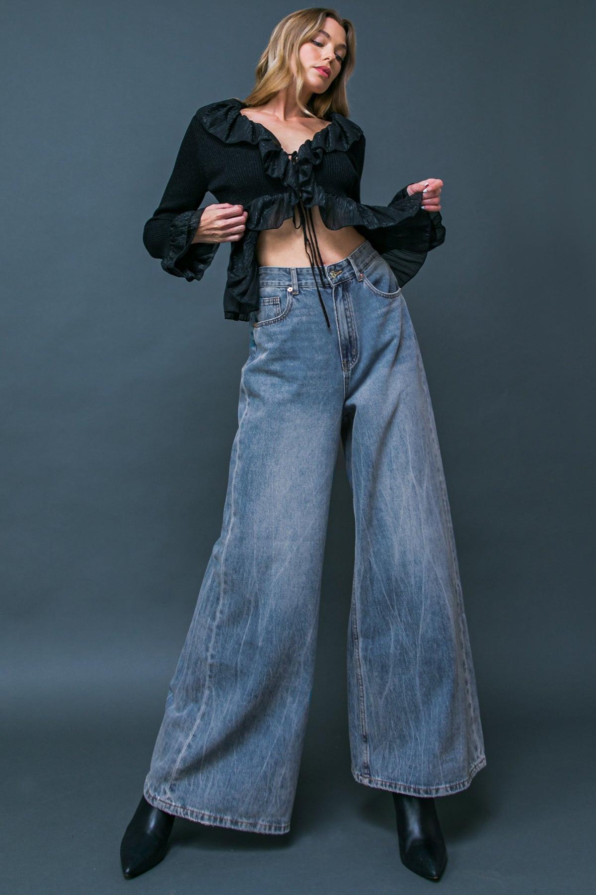 Daring Trend Washed Denim Pants Wide Leg Front Pockets For Everyday Wear